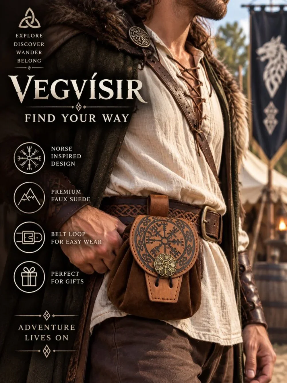 Vegvisir Norse Belt Pouch Viking Compass Renaissance Faire Brown Faux Suede Bag